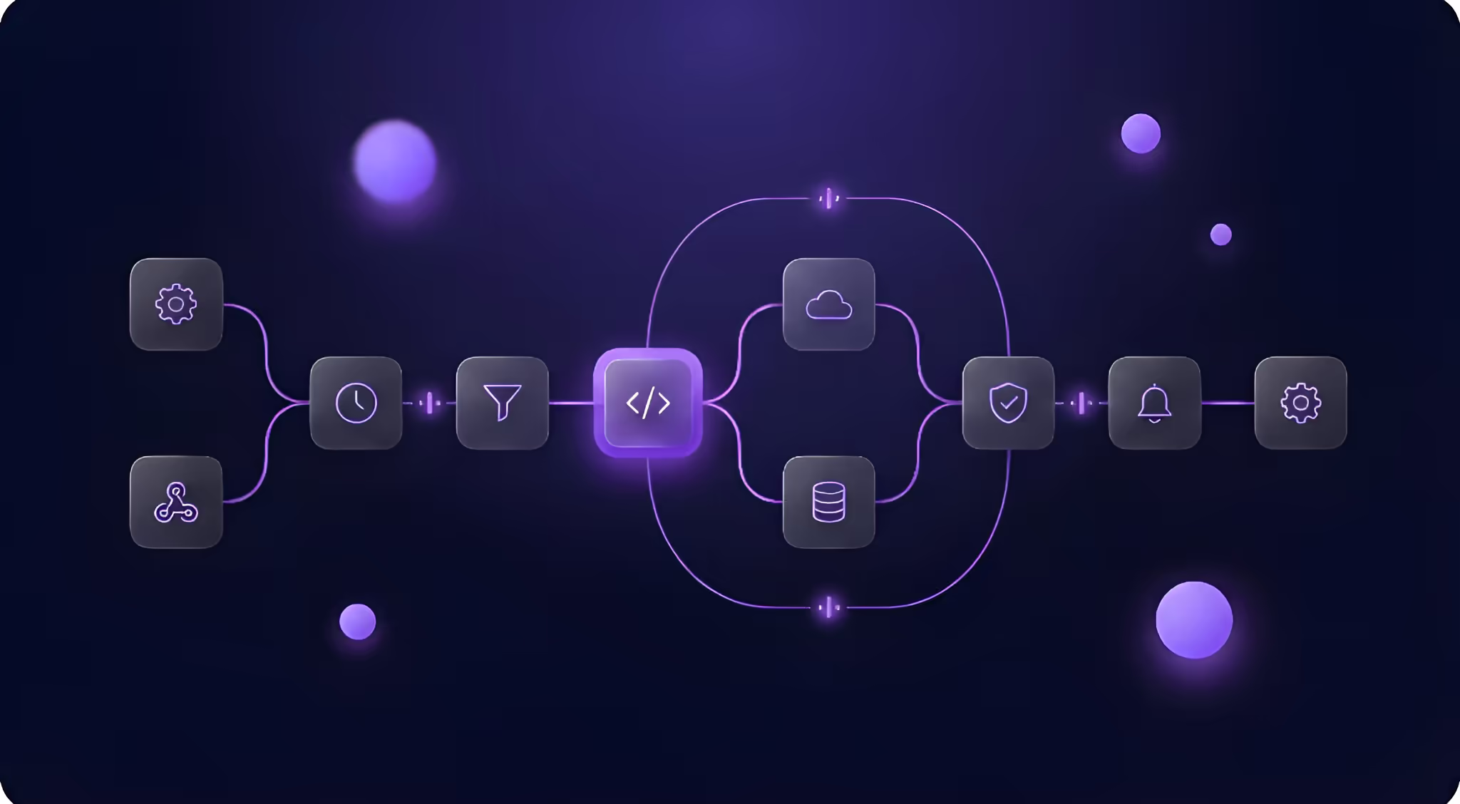 Sophisticated node graph illustration representing complex n8n automation workflows